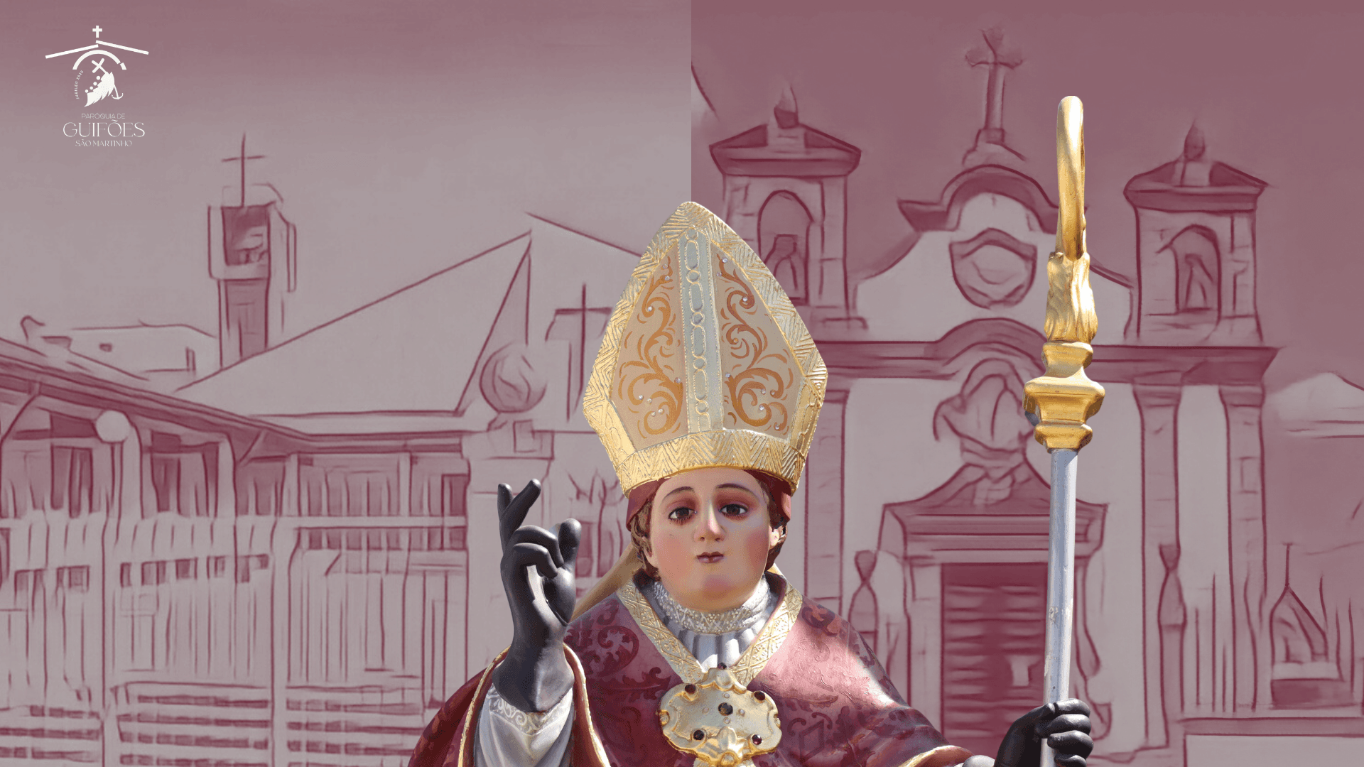 Imagem de São Martinho diante das igrejas de Guifões