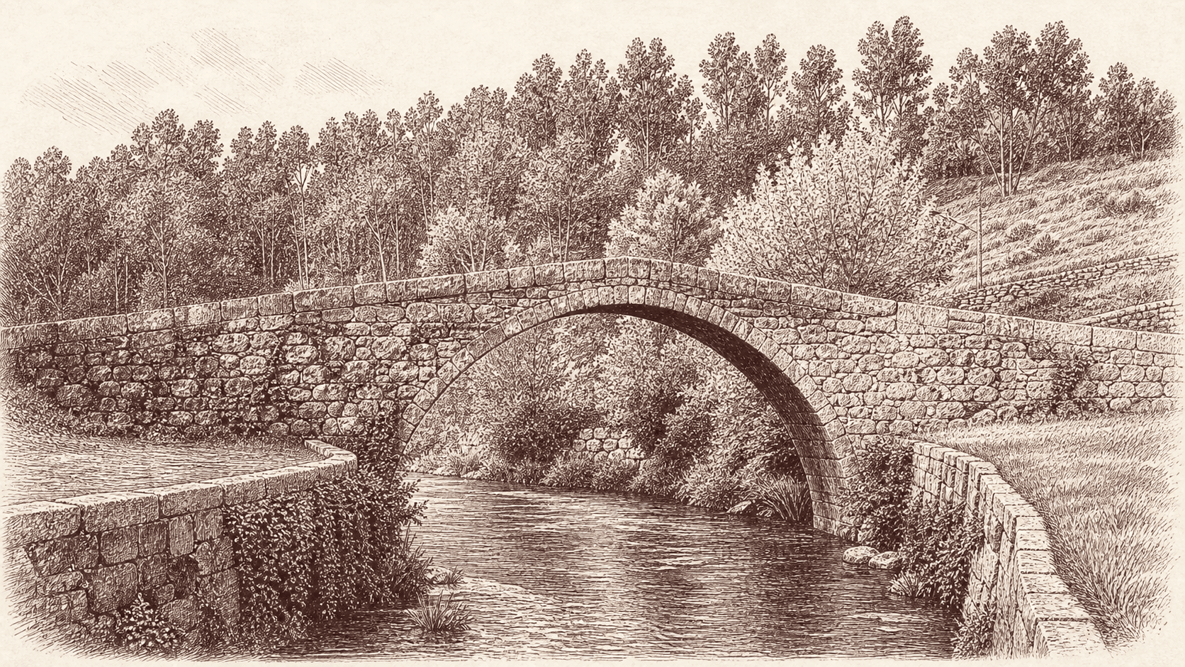 Gravura da Ponte do Carro sobre o rio Leça